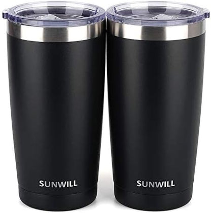 SUNWILL Travel Coffee Mug with Lid, 20 oz Tumbler Set of 2, Insulated Stainless Steel Cup for Water, Tea, Ice, Powder Coated Black 2 pack