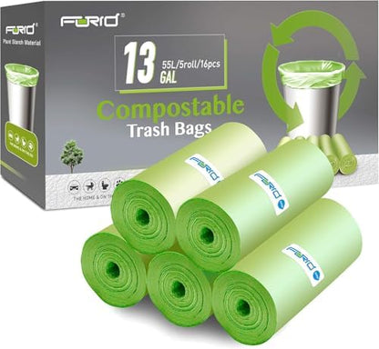Compostable Trash Bags - FORID 13 Gallon Tall Kitchen Garbage Bags 80 Count Unscented Trash Can Liners 55 Liter Medium Wastebasket Bags for Bathroom Home Bedroom Office Garbage Can (5Rolls/Green)