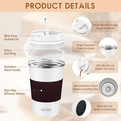 KETIEE Travel Coffee Mug 12oz: Reusable Coffee Cup with Leakproof Lid