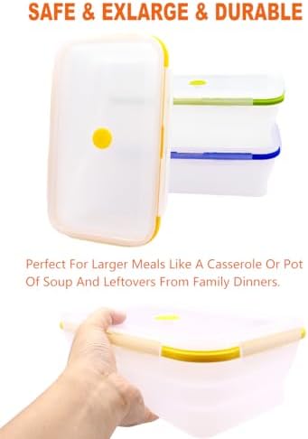 Extra Large Collapsible Translucent Silicone Food Storage Containers With Lids, XXL Foldable Bento Lunch Box, Reusable Big Meal Boxes for Kitchen, Camping, BPA Free (3 Pack (82.8 OZ))