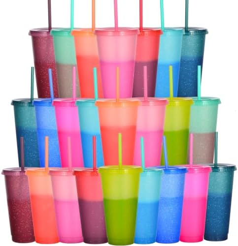 Color Changing Cups, 5 Pack 24oz Plastic Tumblers, Reusable Iced Coffee & Smoothie Cups with Lids and Straws for Parties and Travel (Cranberry, 24 Pcak)
