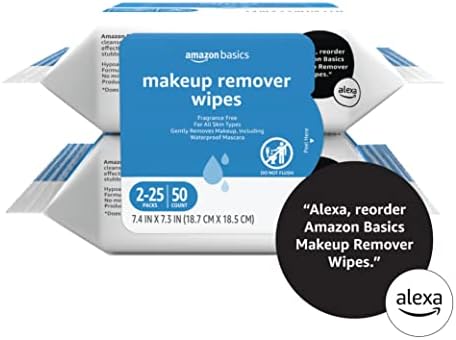 Amazon Basics Makeup Remover Wipes, Formulated without Fragrance and Alcohol-Free, Gentle Cleansing, Removes Waterproof Mascara, Dermatologist Tested, 25 Count, Pack of 2