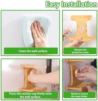 Suction Cup Soap Dish for Shower，Bamboo Soap Dish Holder for Shower, Suction Cup NO-Drilling, Self Draining for Bathroom，Natural Bamboo Color (Double soap Holder, Rectangular)