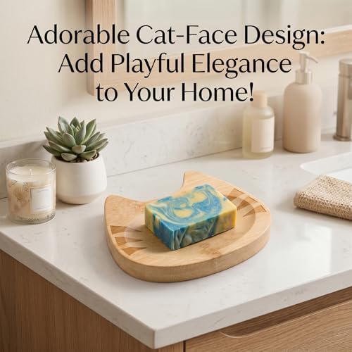 Bamboo Soap Dish Self Draining for Shower - Cute Cat Bamboo Soap Tray Holder Saver with Drainage, Natural Waterproof Decorative Tray for Bathroom, Kitchen, Sponges, Bath Tub, Shower, Sink - 1 Pack