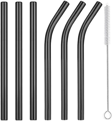 Vinaco 6 Pack Black 0.4" Wide Bore Reusable Stainless Steel Smoothie Straws