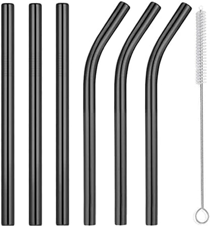 Vinaco 6 Pack Black 0.4" Wide Bore Reusable Stainless Steel Smoothie Straws