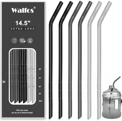 WALFOS Extra Long Reusable Silicone Straws 14.5 inch, Big Sizes Flexible Bendy Straws for 1/Half Gallon Large Water Bottles, 128 75 64 40 OZ Tumbler with Cleaning Brush (6-Pack)