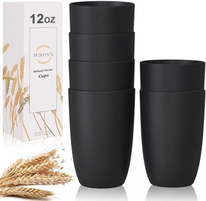 Wrova Wheat Straw Cups 6 PCS Good Alternative to Plastic Reusable Cups 12 oz Unbreakable Drinking Cup Reusable Dishwasher Safe Water Plastic Glasses Black