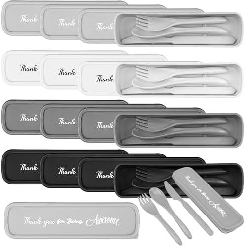24 Pack Reusable Travel Utensils Set Case Thank You for Being Awesome Appreciation Gifts Bulk for Employee Coworker Student Portable Lunch Utensils Wheat Straw Fork Spoon Knife for Picnic(Plain Color)