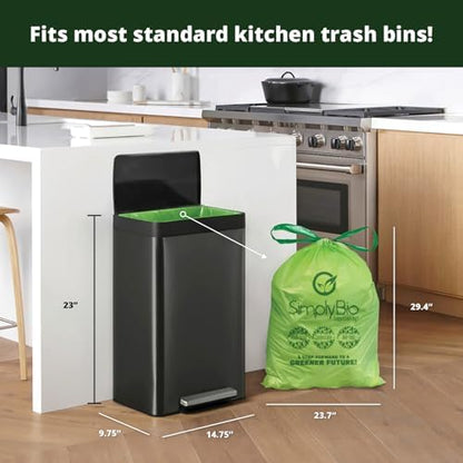 Simply Bio 13 Gallon Compostable Organic Bags Liners Drawstring, Heavy Duty Extra Thick 1 Mil, 49.21 Liter, 30 Bags, Tall Kitchen Food Scrap Waste Bag, ASTM D6400, US BPI and OK Compost Home Certified