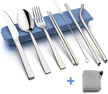 HaWare Portable Travel Utensils with Case, Stainless Steel Silverware Set for Camping Office School Lunch, Including Knife Fork Spoon Chopsticks, Reusable and Dishwasher Safe(Blue)