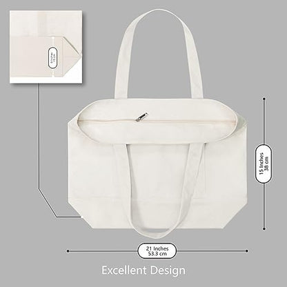 TOPDesign 6-Pack Canvas Tote Bags with an External Pocket, Reusable Grocery Shopping Bags, Top Zipper Closure, Daily Essentials (Natural)