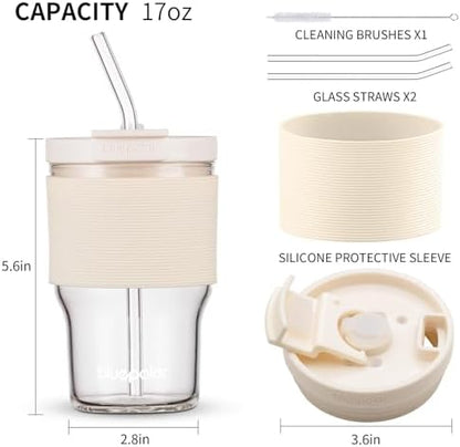 BLUEPOLAR Glass Tumbler Set with Lids and Straws, 17 oz Reusable Cups for Iced Coffee, Cold Brew, Tea, Smoothie (Off-White with Sleeve)