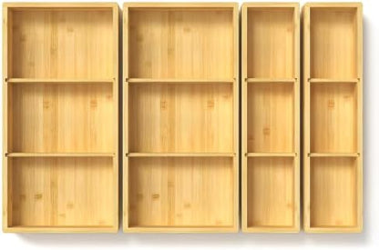 DUJEN 4 Packs Bamboo Drawer Organizer 2 pieces 12.6 * 6inches and 2 pieces 12.6 * 3.2inches, Adjustable 3 Individual Junk Drawer organizer for Bathroom and Kitchen