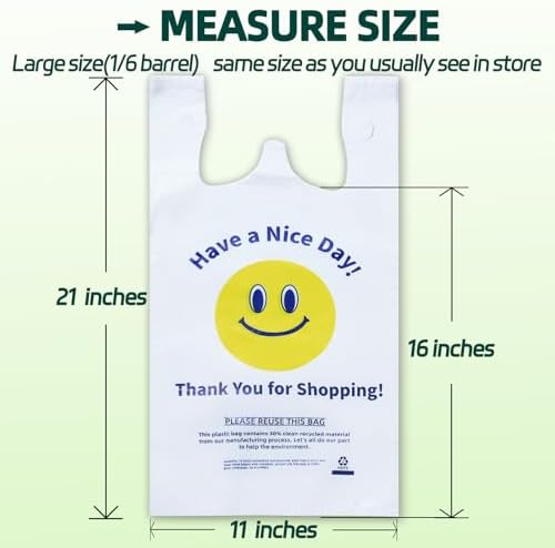 YovhVon 0.8Mil(20 Microns), 100 Count, Plastic Bags with Handles, T-Shirt bag, Thank You bags, Shopping Bag, Grocery Bag, |for Store, Carry, Pack|, White, 1/6 Barrel, Large 11"x6"x21", Heavy Duty