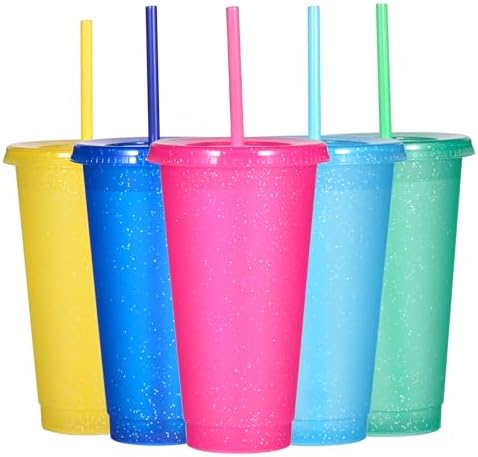 Suertestarry Tumbler with Straw and Lid,Water Bottle Iced Coffee Travel Mug Cup,Reusable Plastic Cups,Perfect for Parties,Birthdays,24oz-5 Pack (Sparkling Glitter, 5pack)