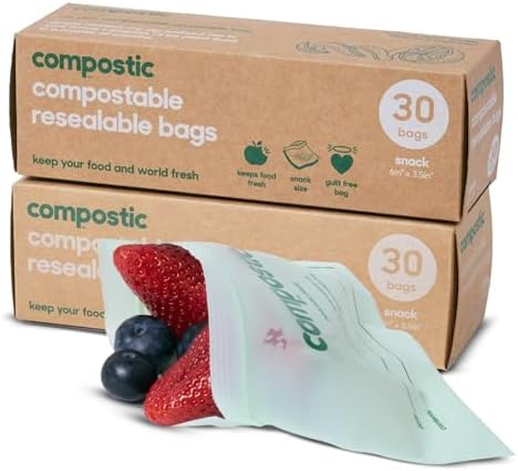 Compostic Compostable Snack Bags, 60 Ct Starter Pack, Zip-Seal