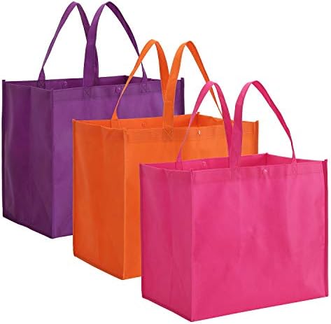 Tosnail 12 Pack Reusable Grocery Shopping Bags, Large Foldable Tote Bags Bulk, Fabric Bags with Long Handle for Shopping Groceries Clothes - Purple, Orange, Pink