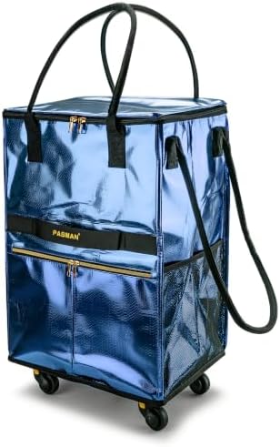 PASMAN Reusable Foldable Rolling Grocery Bag on 5 Wheels,Medium,Navy Blue