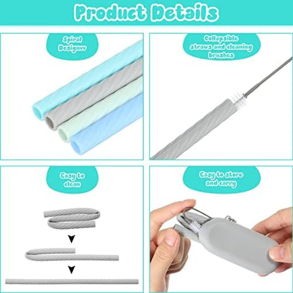 Meanplan 4 Sets Reusable Straws Travel Case Brush Silicone,Fresh Color