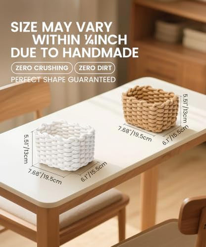 Small Cotton Rope Basket 2 Pack, White Shelf Storage Bins for Desk Vanity