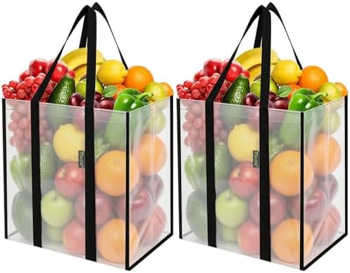 BALEINE 2 PK Grocery Bags Reusable Shopping Bags with Reinforced Bottom, Heavy Duty Foldable Tote Bags (Transparent)