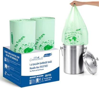 BEIDOU-PAC 1.6 Gallon Compostable Trash Bags with Handle, 250 Count Small Compost Kitchen Garbage Bags, Food Scrap Waste Bags for Countertop Bin, ASTM D6400, US BPI Certified