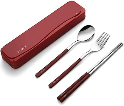 DEVICO Travel Utensils with Case, 4Pcs Portable Silverware Set for Work, 18/8 Stainless Steel Reusable Cutlery, Korean Spoon and Chopsticks Fork for Camping, School, Lunch Box Accessories (Red)