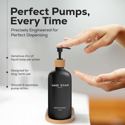 Black Glass Hand and Dish Soap Dispenser Set by Brighter Barns - Kitchen Soap Dispenser Set with Tray - Bamboo Pump Bottles for Kitchen Sink - Boho Modern Home Decor, Neutral Home Accessories (Black)