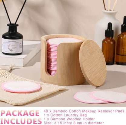 Foaincore 40 Pcs Reusable Makeup Remover Pads with Mesh Storage Bag and Bamboo Box Washable Bamboo Cotton Rounds Soft Reusable Face Pad for Toner Skin Various Skin Care Products(White Pink)