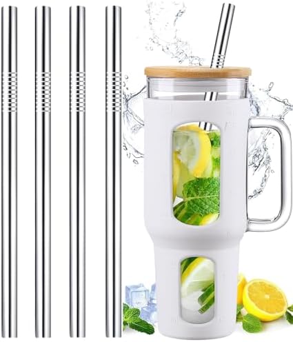 Vinaco 4 Pack 0.35" Wide Bore Reusable Stainless Steel Smoothie Straws