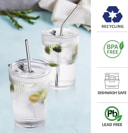 Iced Coffee Cups with Lids and Straws Set of 2, 16 Oz Unbreakable Plastic Drinking Cups Reusable Iced Coffee Cup to Go for Iced Tea,Juice, Water,BPA Free, Dishwasher Safe