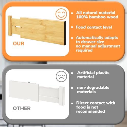 BAMEOS 4" High Bamboo Drawer Dividers - Adjustable Small Drawer Organizer - Kitchen, Dresser, Bathroom, Bedroom & Office - 4-pack