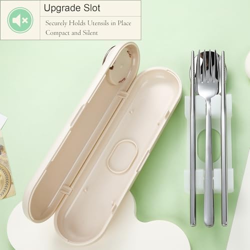 DEVICO Travel Utensils with Case Cute, Reusable Silverware for Lunch, 4Pcs Portable Cutlery Set, 18/8 Stainless Steel Fork Spoon Chopsticks in Cartoon Case, Dishwasher Safe (Light Yellow)