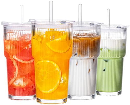 20oz Iced Coffee Cups with Lids, Glass Coffee Cups with Lids and Straws, 4P