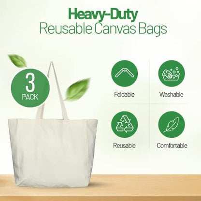 Greenmile 3 Pack Canvas Reusable Grocery Bags - Cotton Canvas Grocery Bag Cloth Shopping Tote With Long Handles Bulk - Heavy Duty Grocery Tote Bag - Large, Foldable and Lightweight - Capacity 40 lbs