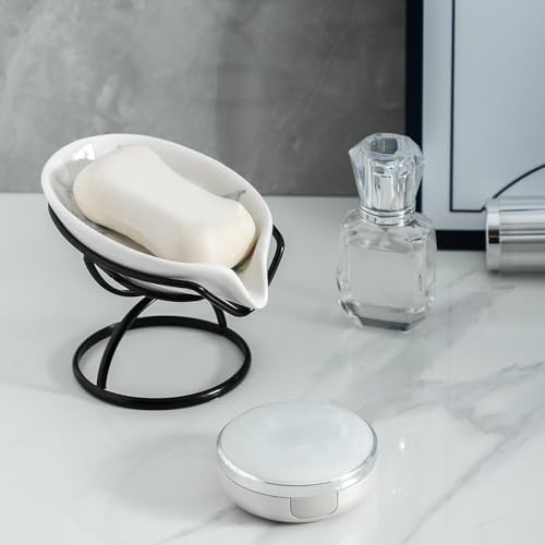 Dobbyby Leaf-Shaped Soap Dish – Ceramic Soap Bar Holder with Self-Drainage System – Bar Soap Holder for Shower, Bathroom Sink, Kitchen – Soap Dish with Stainless Steel Stand (White-Black-2 Pack)