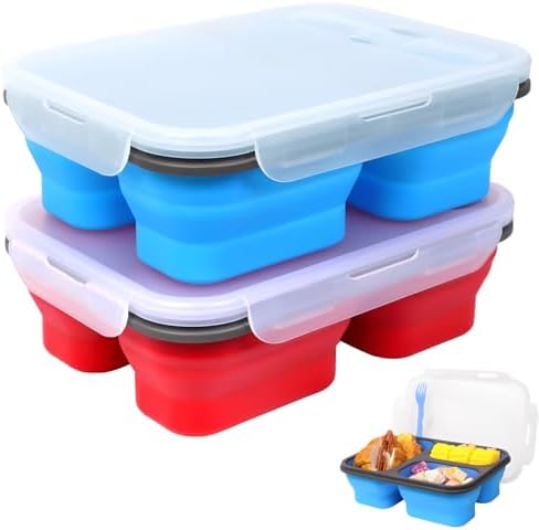 Big Collapsible Silicone Bento Lunch Box, 2 Pack with 3 Compartments Each,45.6oz Food Storage Containers with Spoons Forks, Portable for Work, Picnic, Travel, BPA Free