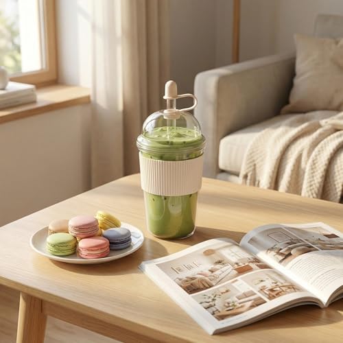 Reusable Iced Coffee Cups with Lids and Straws 17oz, Boba Cup with Straw, Tumbler with Silicone Sleeve for Cold Drinks, Iced Coffee, Bubble Tea ，White