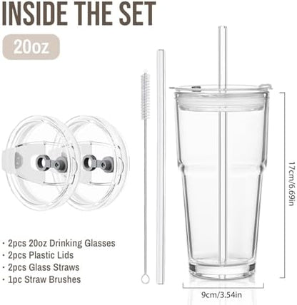 SoulTimes 20oz Clear Glass Tumbler with Lid and Straw – Iced Coffee Glasses Cups for Smoothie, Matcha, Juice, Water etc. Leakproof and Reusable Glassware Drinking for Travel To Go 【2 Pack】