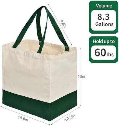 3 Pcs Reusable Grocery Bags - Heavy Duty Canvas Bag, 8.3 gal Foldable Large Canvas Tote Bag with Handles, Holds 60 lbs Tote Shopping Bags,100% Cotton（Retro Green）