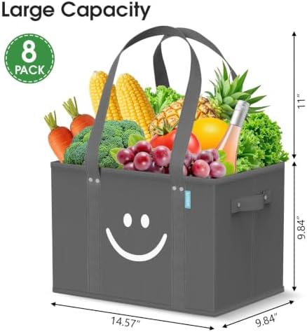Reusable Grocery Bags 8 PCS, Sturdy Handles & Bottom to Stands Upright