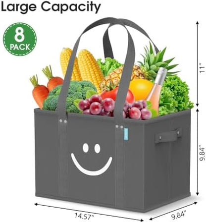 Reusable Grocery Bags 8 PCS, Sturdy Handles & Bottom to Stands Upright