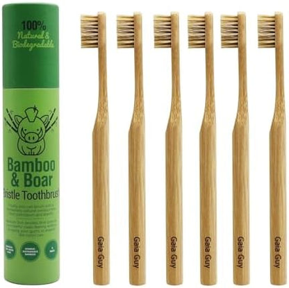 Gaia Guy Boar Bristle Bamboo Toothbrushes – 6 Pack Adult Toothbrush Set – No Nylon, Plastic-Free Natural Bristles, Bamboo Handle, Made from Natural Materials, Eco-Friendly Oral Care