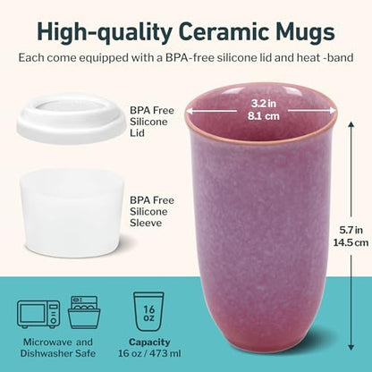 NOVA CERAMICS Coffee Travel Mug – Cup Holder Friendly Travel Mug– Microwave & Dishwasher Safe White & Purple Tumbler - Coffee Mug Fits In Cup Holder – 16oz – Astral Bloom
