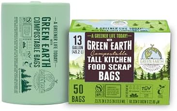 Green Earth Compostable Tall Kitchen Food Scrap Trash Bags, Superior Strength 0.9 Mil, Compost Bin Compatible, 13 Gallon, 49 Liter, 50-Count, ASTM D6400, BPI (US) & OK Compost Home (EU) Certified