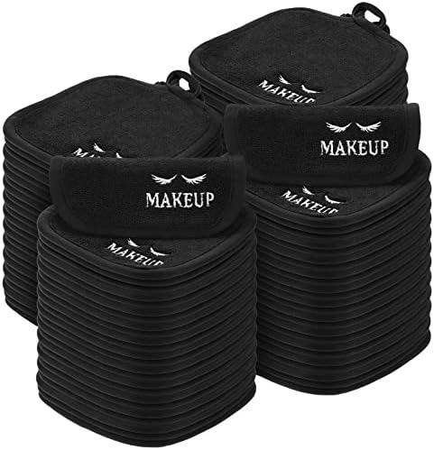 Queekay 48 Pcs Makeup Remover Cloths Reusable Washable Remover Pads Soft Microfiber Face Towels Facial Cleansing Cloths for Face Hand Eye Lips Bathroom Gift for Women 5 x 5 Inch(Black)
