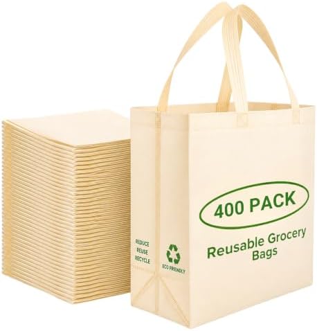Simply Cool 400 Pack Reusable Grocery Bags, Medium Tote Bags Bulk, Cream
