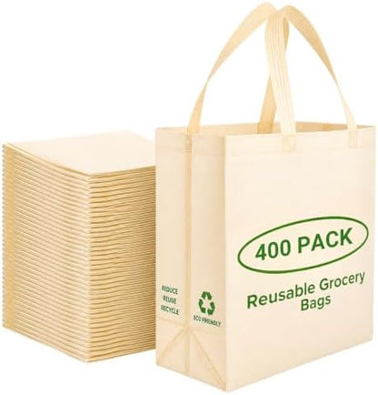 Simply Cool 400 Pack Reusable Grocery Bags, Medium Tote Bags Bulk, Cream
