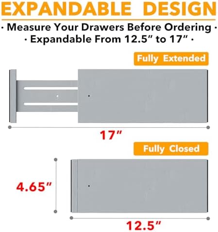 SpaceAid Bamboo Dresser Drawer Dividers 6 Pack, 4.65“ High Adjustable 12.5“-17” Drawer Organizers, Expandable Organization for Clothing, Clothes, Dressers, Gray